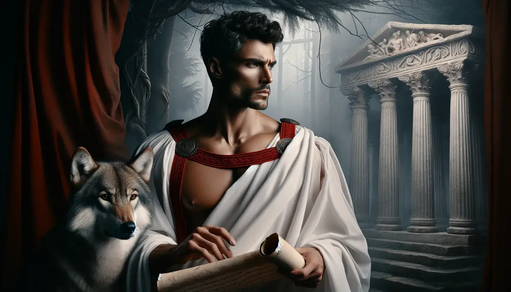 Uomo in abiti romani con pergamena e mano alzata, lupo accanto, tempio antico e foresta nebbiosa sullo sfondo.