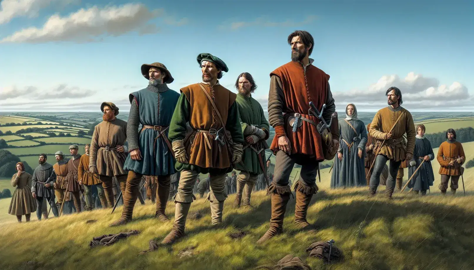 Late 15th-century men in tunics on a grassy hill, with a leader in a red tunic and feathered cap, a swordsman, and a banner bearer, near a village.