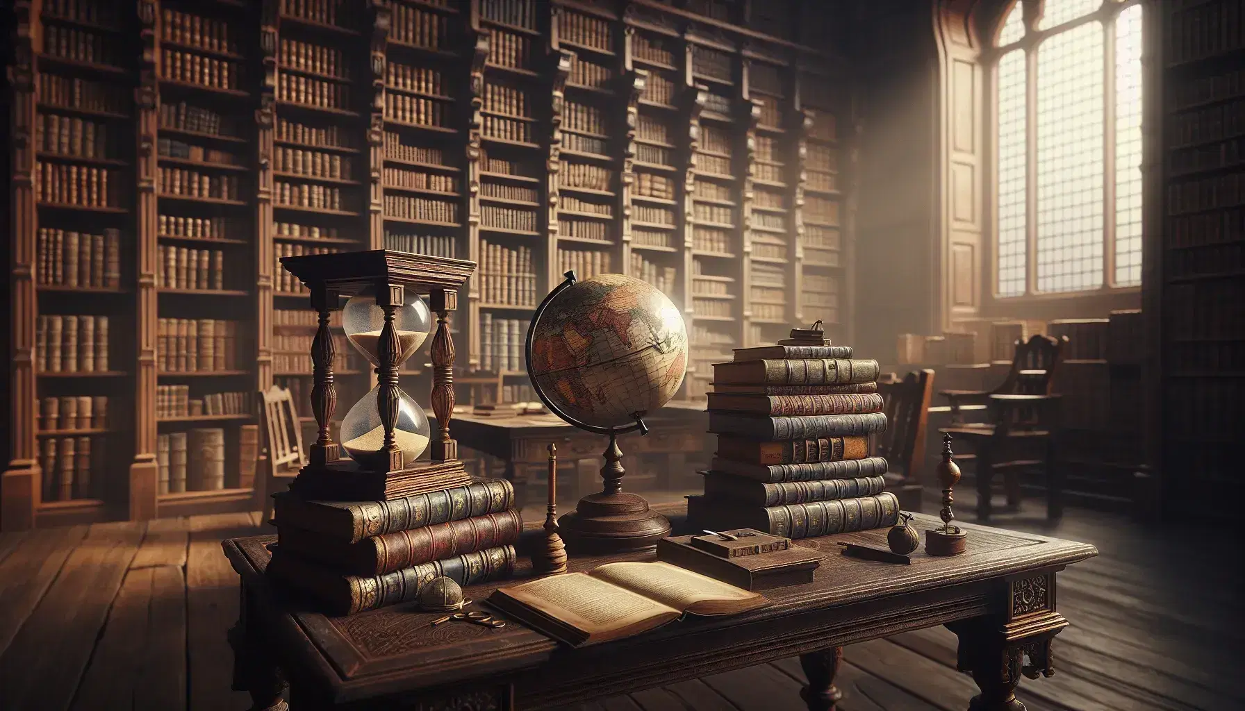 Biblioteca antigua con mesa de madera oscura, libros apilados, globo terráqueo y reloj de arena, estantes llenos de libros encuadernados en cuero y luz suave filtrándose, creando un ambiente sereno.