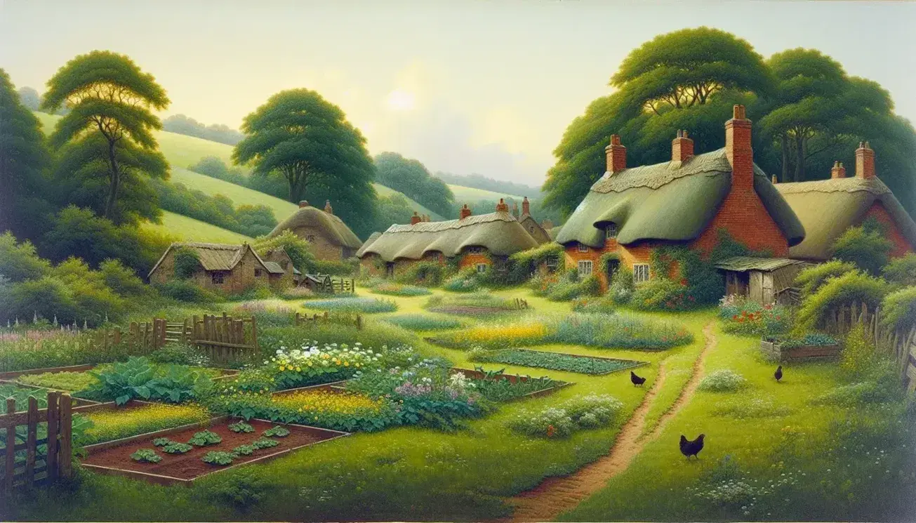 Serene English countryside with thatched-roof cottages, a meandering path through a flower-dotted meadow, and a solitary bench under a leafy tree.