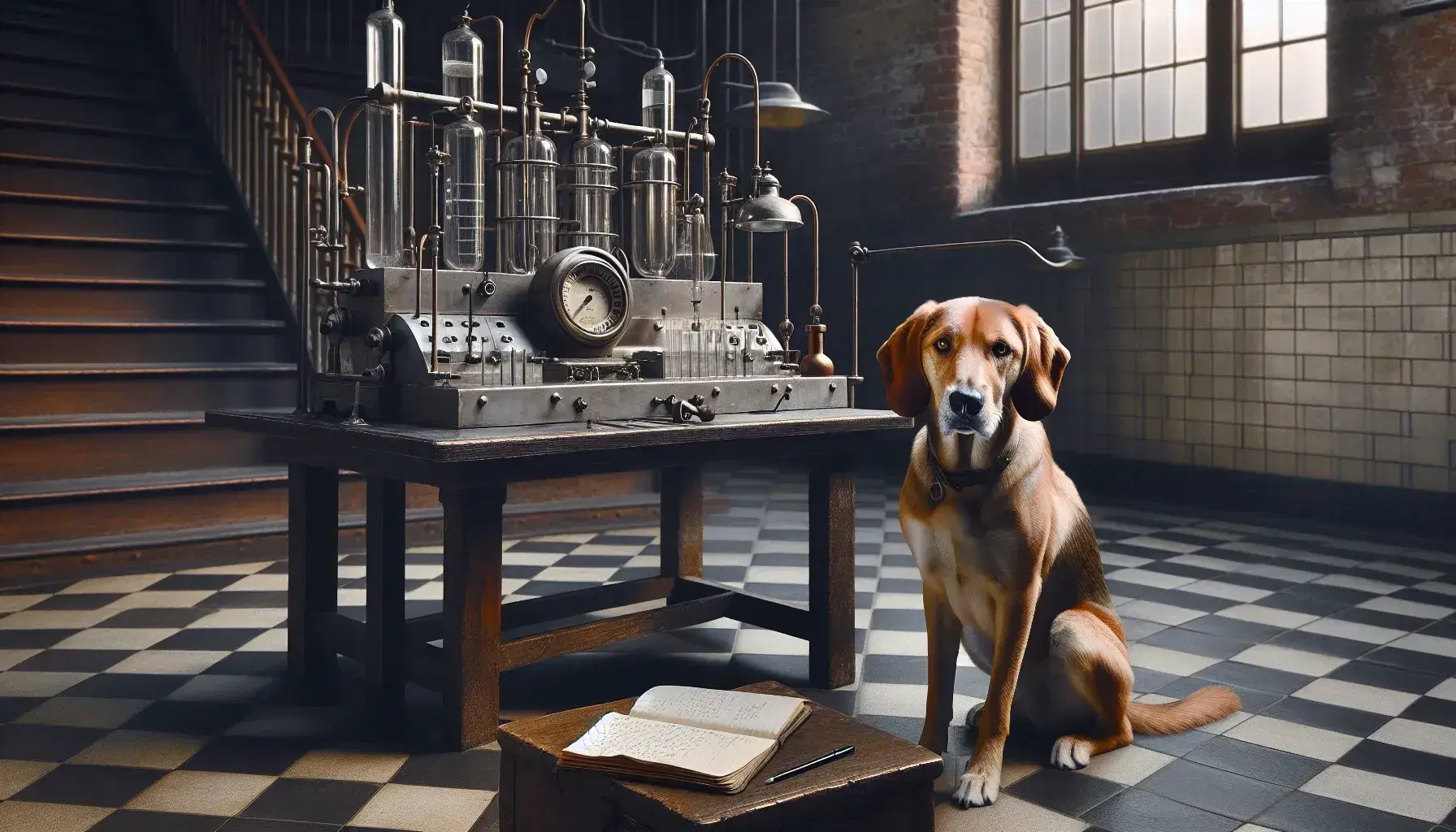 Perro de pelaje claro con orejas caídas sentado en un laboratorio antiguo, frente a un aparato metálico con tubos de vidrio y líquidos, junto a una mesa con cuaderno abierto y lápiz, en un suelo de ajedrezado y luz natural.