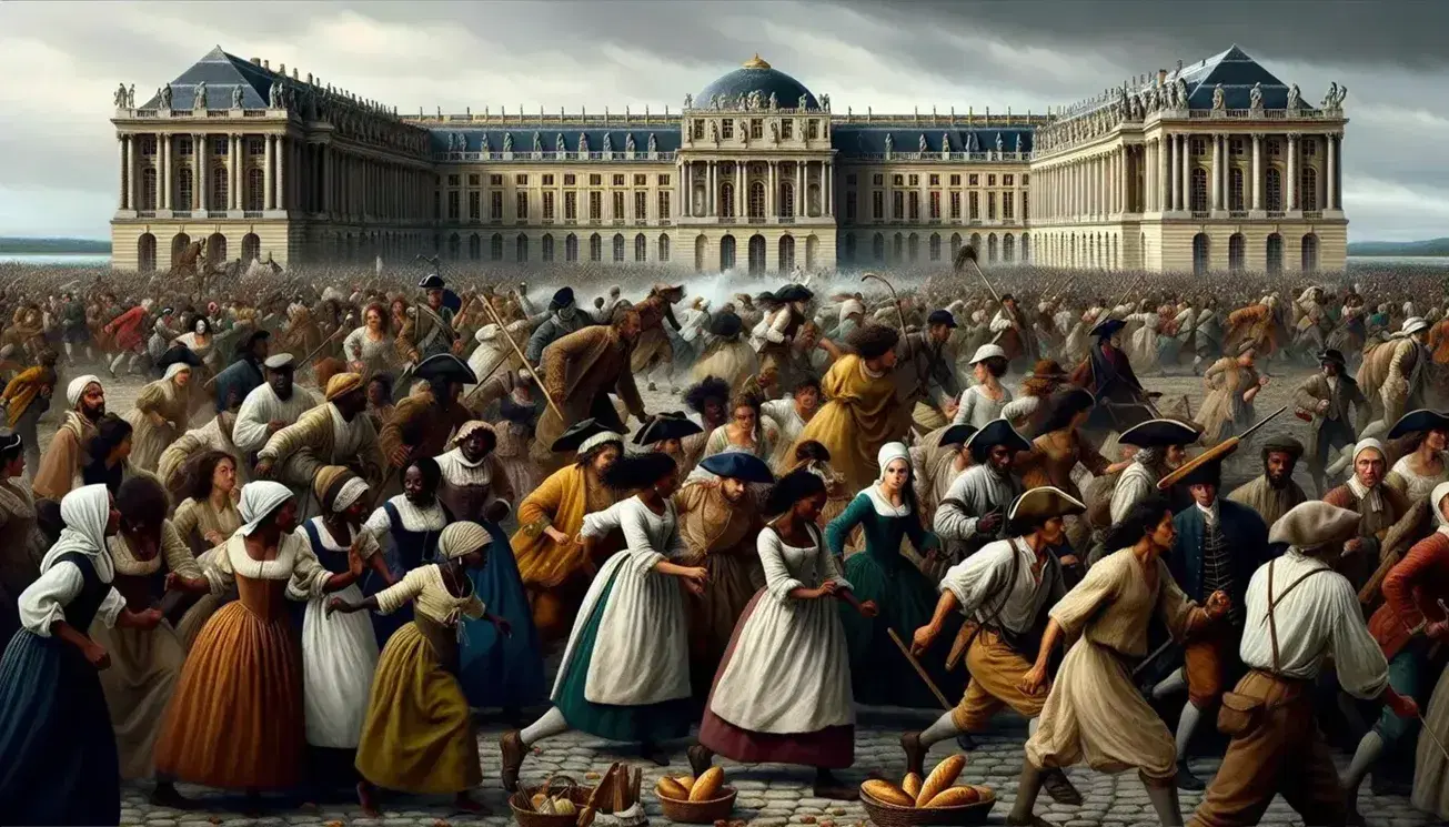 Diverse crowd with women of various ethnicities in peasant and middle-class attire, some armed with household items, in front of the classical Palace of Versailles under a cloudy sky.