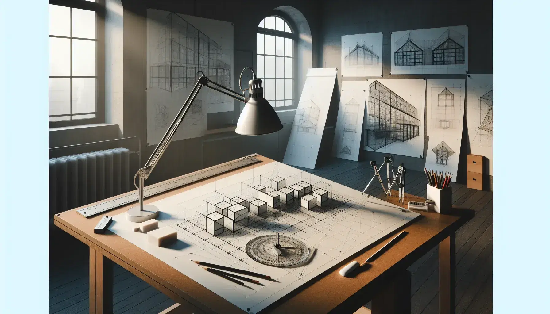 Studio di architettura con tavolo da disegno inclinato, strumenti per il disegno tecnico e lampada, progetti architettonici sullo sfondo.