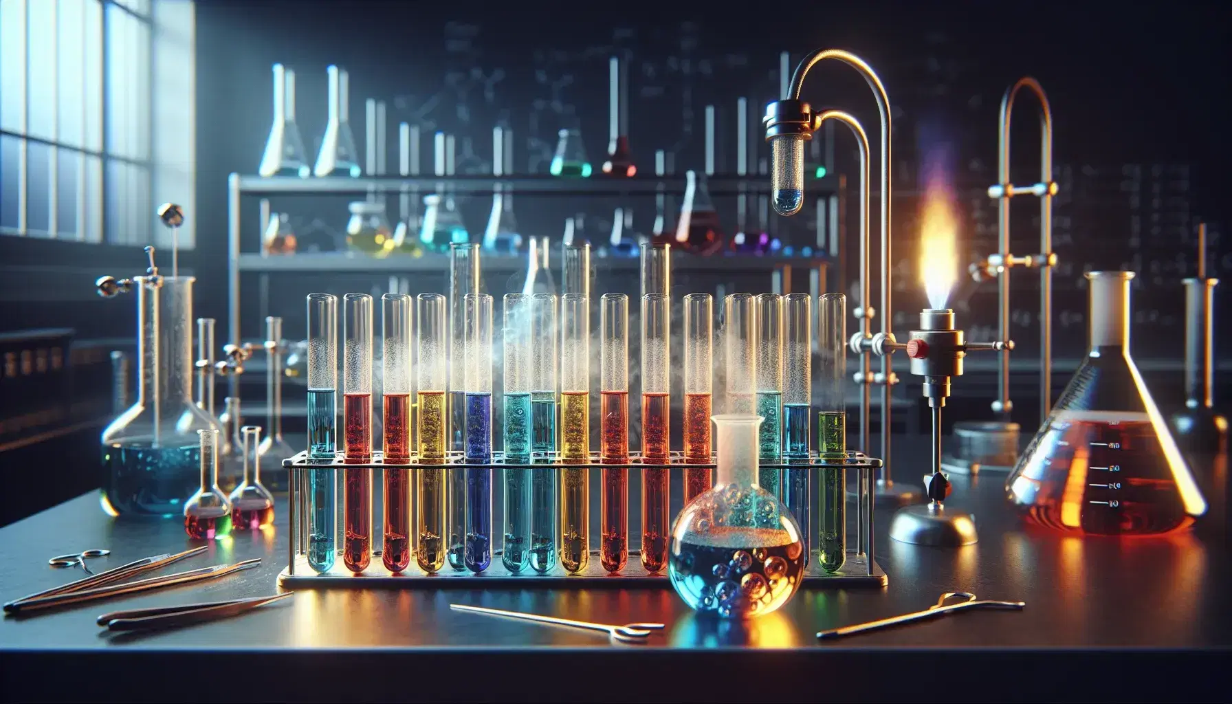 Laboratorio scientifico con provette contenenti liquidi colorati in ordine arcobaleno, becher con liquido in ebollizione e fiamma di Bunsen accesa.
