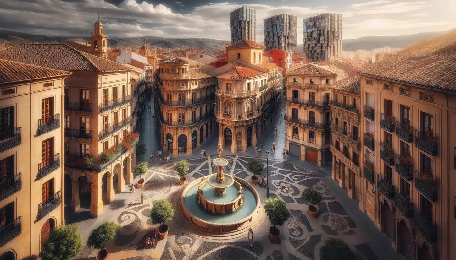 Vista panoramica di una città spagnola con strade acciottolate, edifici storici e grattacieli moderni che riflettono il cielo azzurro.