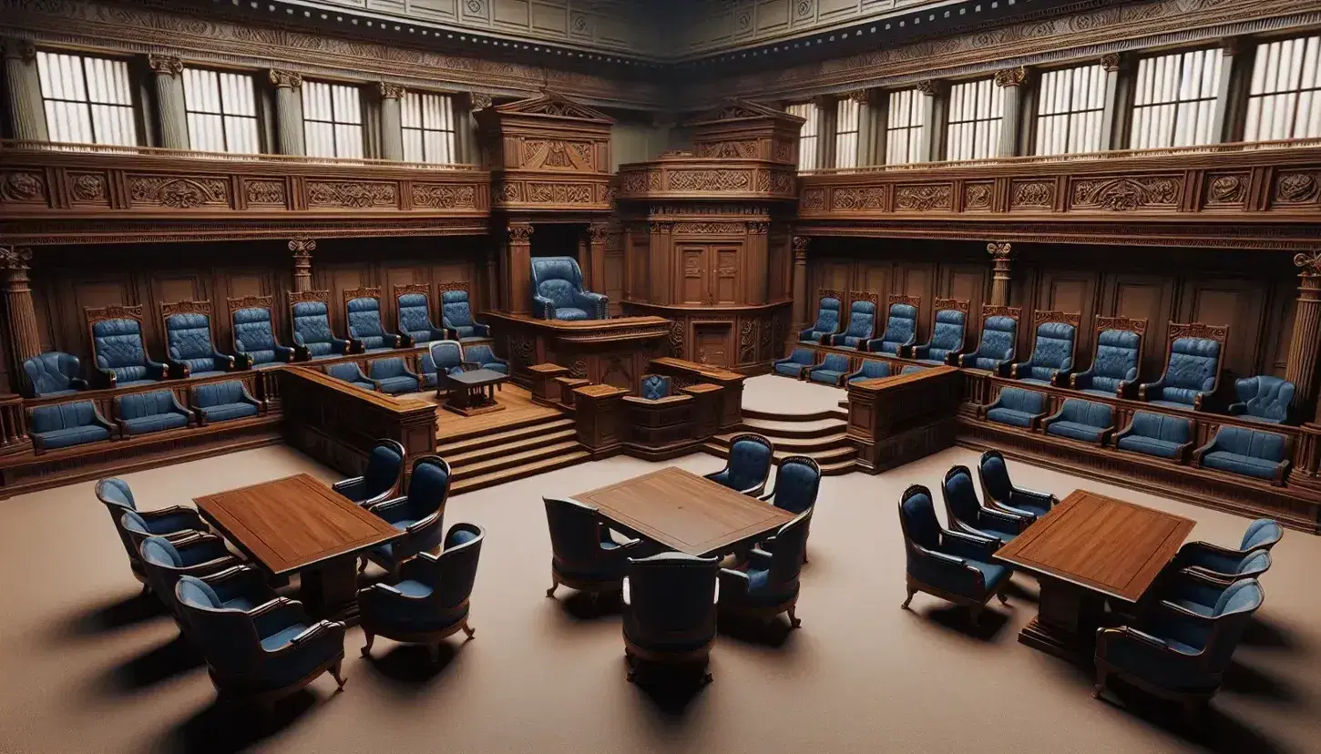 Solemn interior of a courtroom with a dark wooden judge's bench, area for lawyers, jury box and benches for spectators.