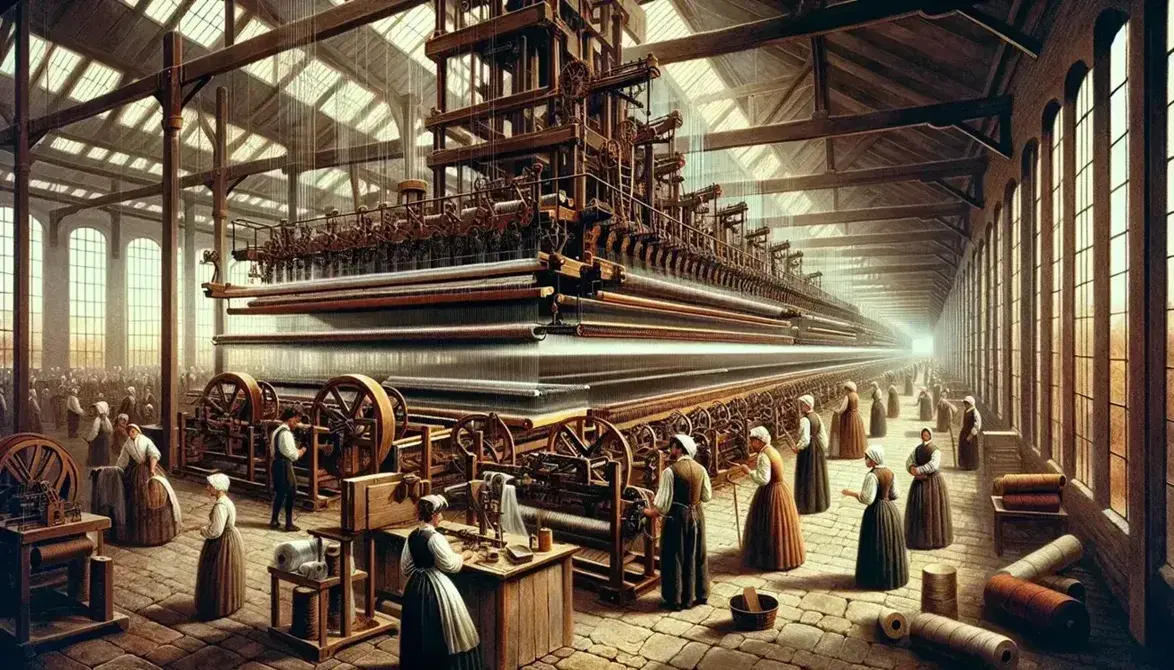 Telares mecánicos de madera y metal en fábrica textil de la Primera Revolución Industrial con trabajadores en ropa de época manejando maquinaria y tejidos.