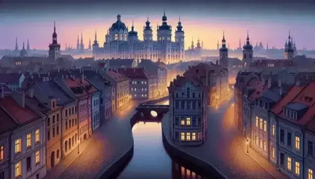Twilight cityscape with cobblestone streets, diverse buildings, a canal with stone bridges, and a grand palace against a sunset-tinged sky.