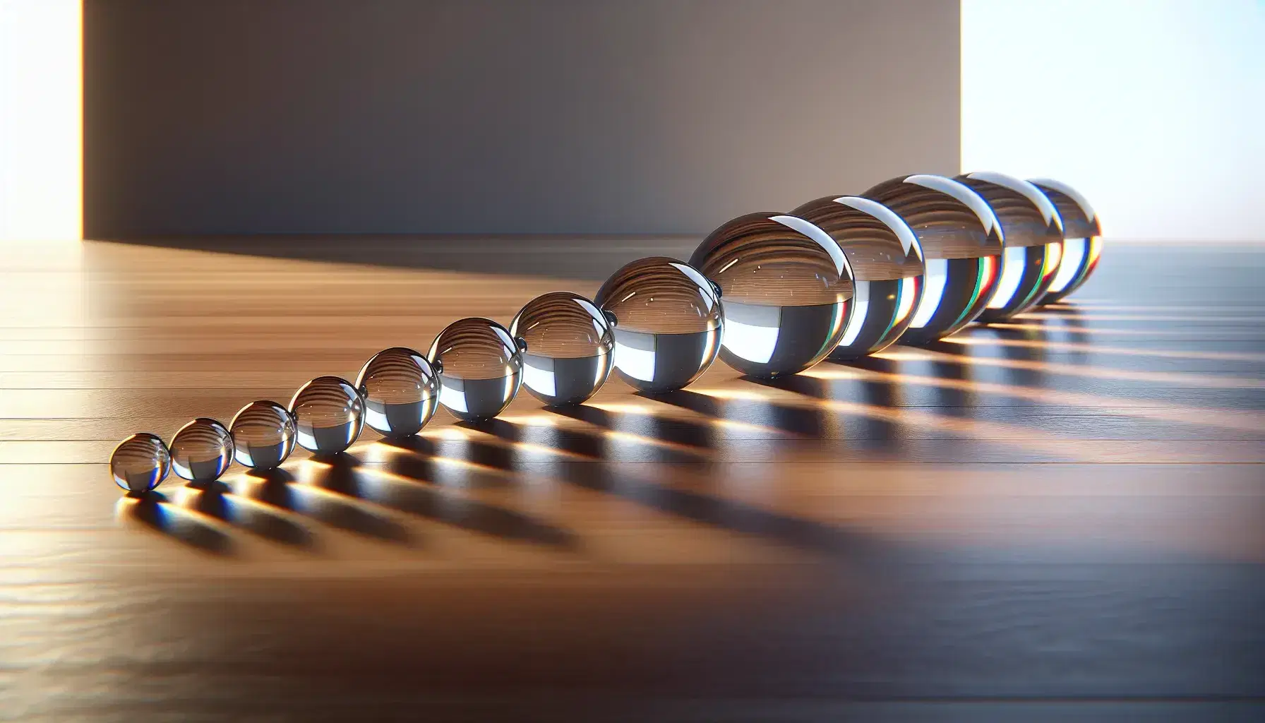 Esferas de vidrio transparentes en secuencia decreciente sobre superficie de madera pulida con reflejos de luz y sombras suaves.