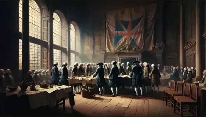 Grupo de hombres del siglo XVIII en intensa deliberación alrededor de una mesa con documentos, en una habitación iluminada naturalmente con bandera tricolor al fondo.