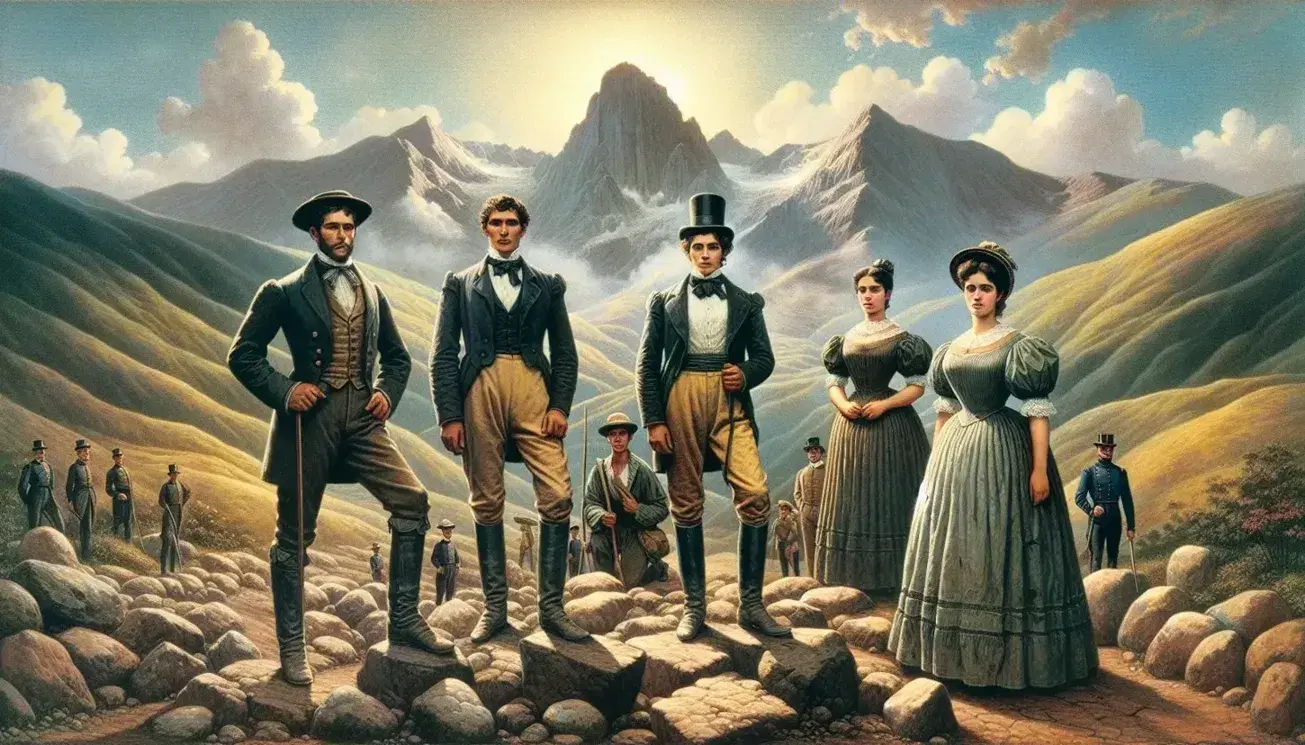 Grupo de cinco personas en atuendos de la época de la independencia colombiana del siglo XIX, con un paisaje montañoso y cielo azul de fondo.