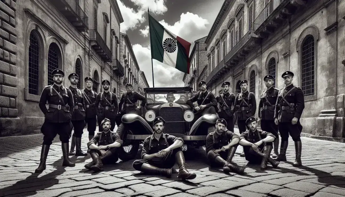 Gruppo di uomini in uniformi militari d'epoca anni '20 su strada acciottolata con auto vintage e bandiera tricolore italiana.
