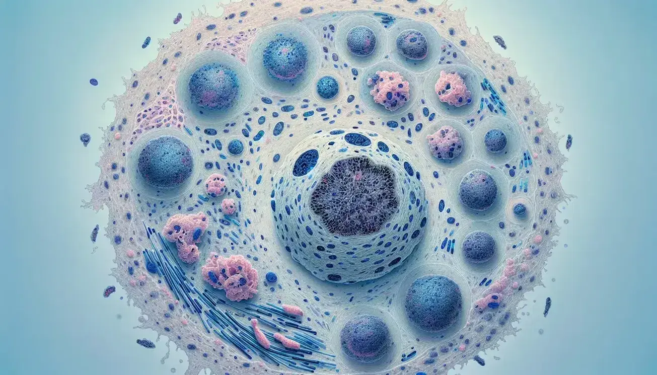 Vista microscópica de tejido celular con célula central de núcleo azul oscuro, citoplasma rosa claro y células periféricas en apoptosis.