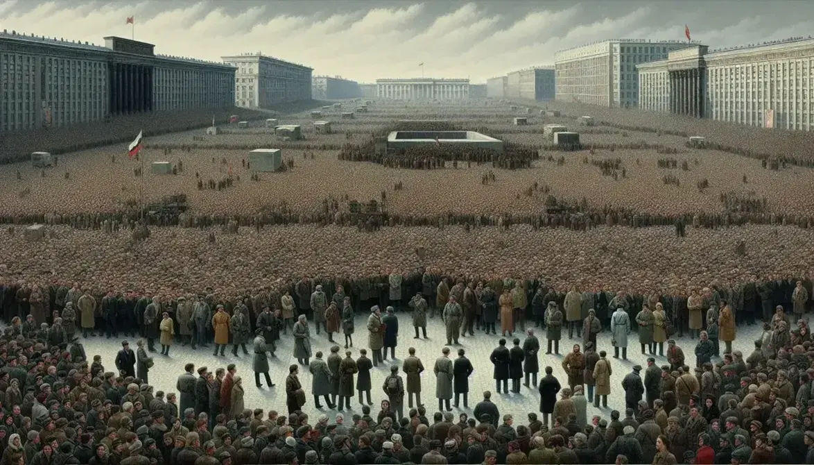 Diverse crowd in a public square with focused expressions, surrounded by stark Eastern European architecture under an overcast sky.