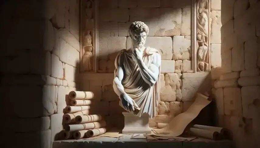 Statua in marmo bianco di filosofo romano in toga con sfondo di muro antico, rotoli di papiro e ramo d'olivo.