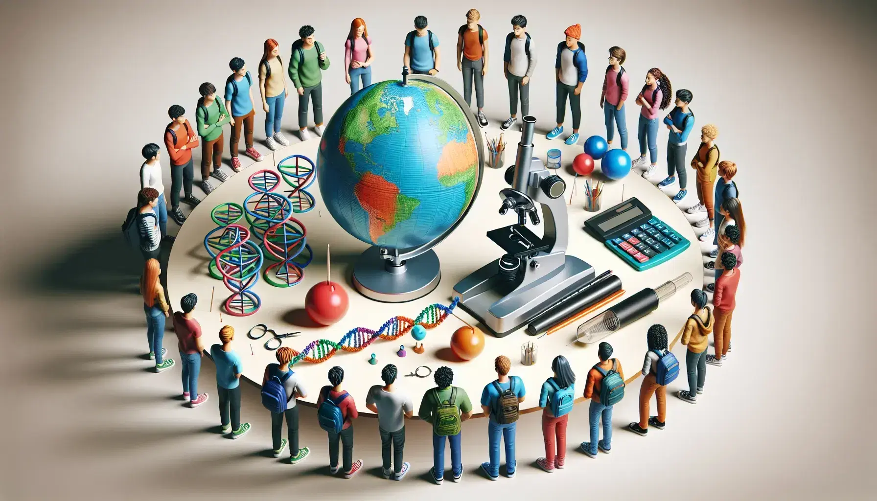Studenti multietnici interagiscono con strumenti didattici, tra cui un globo colorato, un microscopio e un calcolatore grafico, in un'aula luminosa.