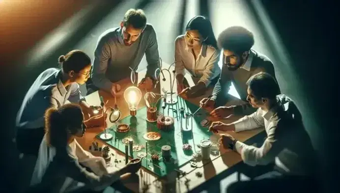 Four professionals of different ethnicities collaborate around a table with innovation objects such as a light bulb, gear, circuit and mini wind turbine.