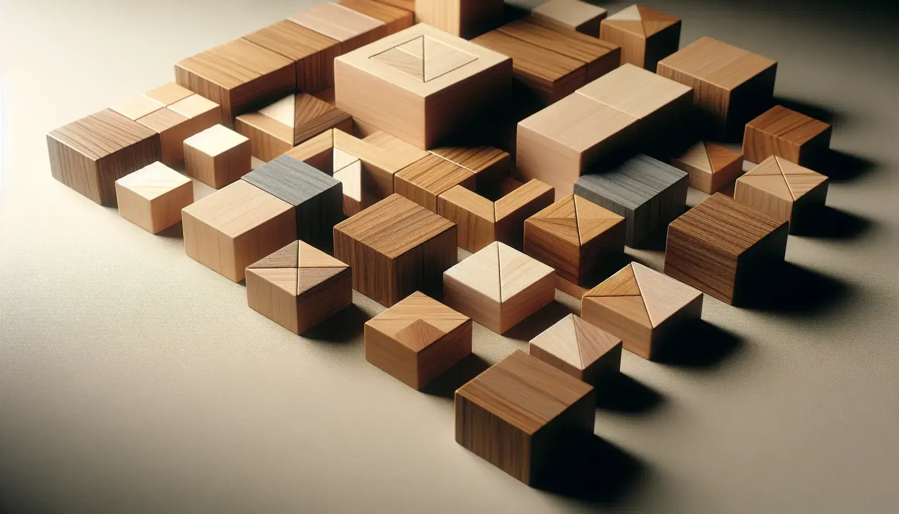 Assorted wooden blocks in natural tones, including squares, rectangles, and triangles, arranged neatly on a matte surface with soft shadows.