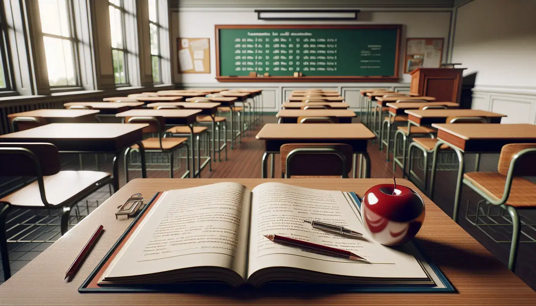 Classroom with wooden teacher's desk, open textbook, red apple, student desks with blue cushions, and a clean blackboard, bathed in natural light.