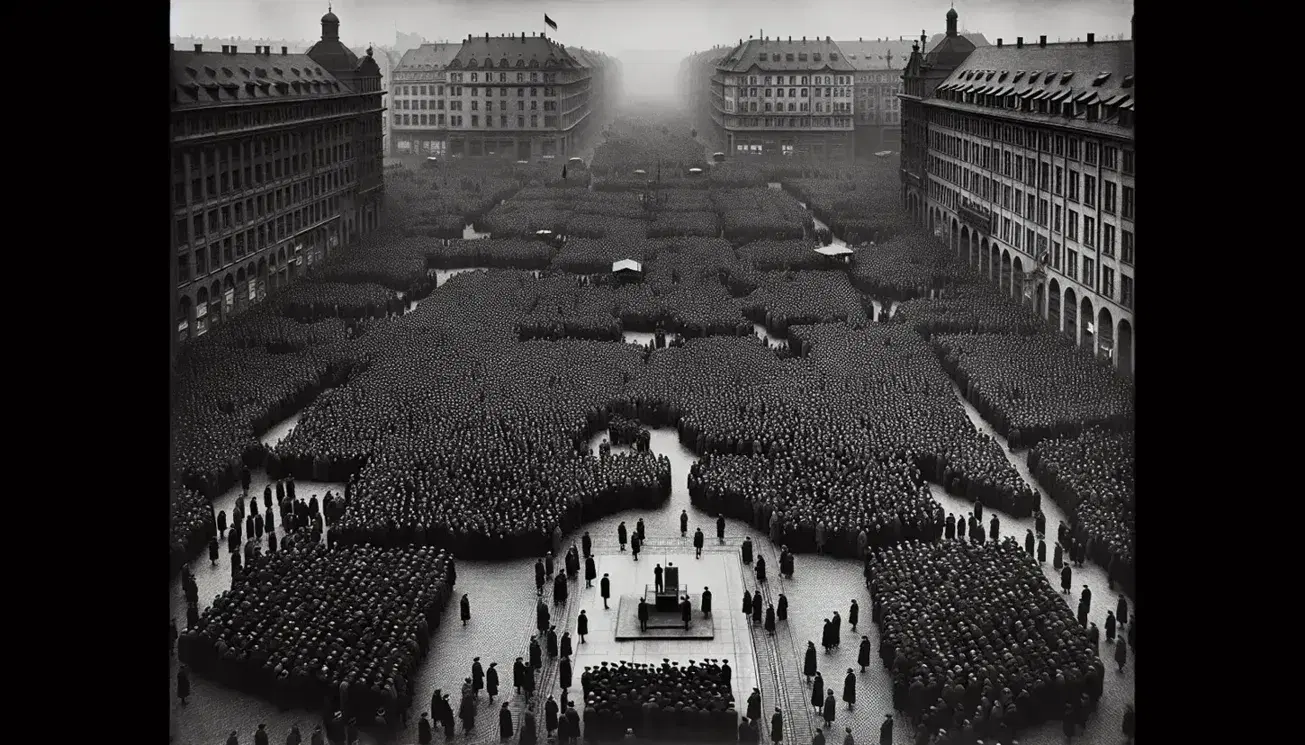 Folla raccolta in piazza tedesca degli anni '30 attorno a figura centrale su piattaforma, architettura europea del XX secolo, cielo nuvoloso.