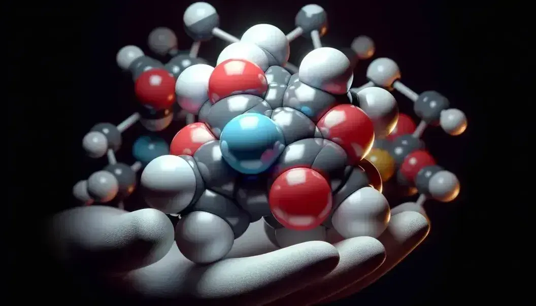 Modelo molecular tridimensional con molécula diatómica central y varias estructuras complejas sostenidas por mano con guante en fondo negro.