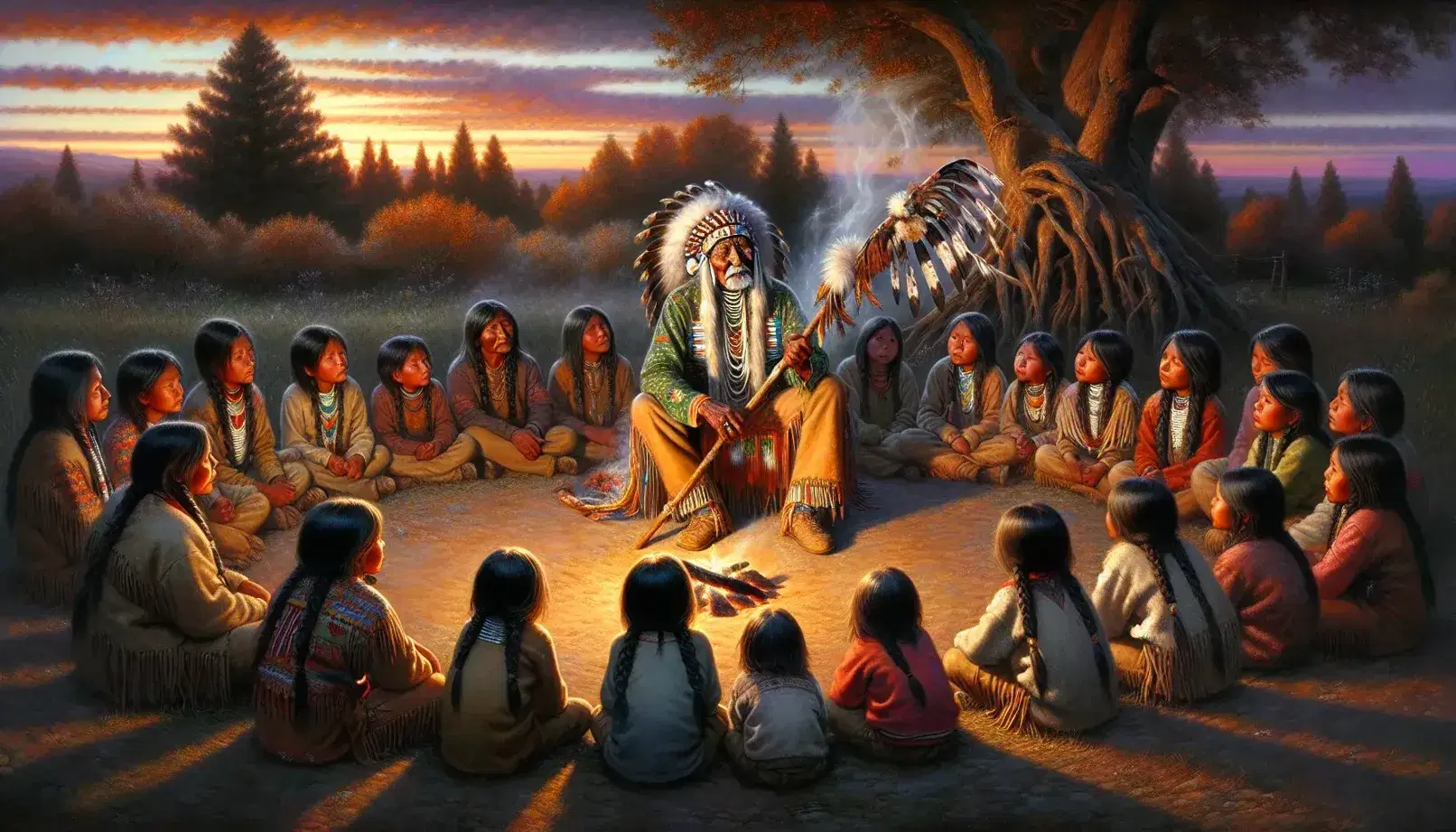 Native American elder in traditional attire shares stories with children around a twilight campfire, amidst a serene natural backdrop.
