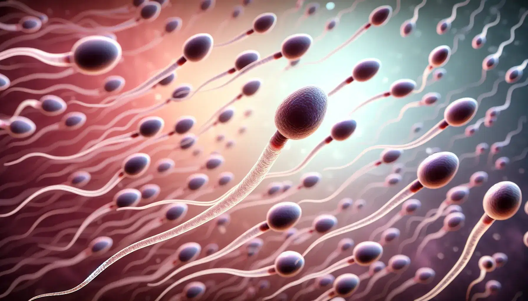 Espermatozoides humanos microscópicos en movimiento con cabezas oscuras y colas translúcidas sobre fondo degradado rosa a púrpura, sin elementos distractores.