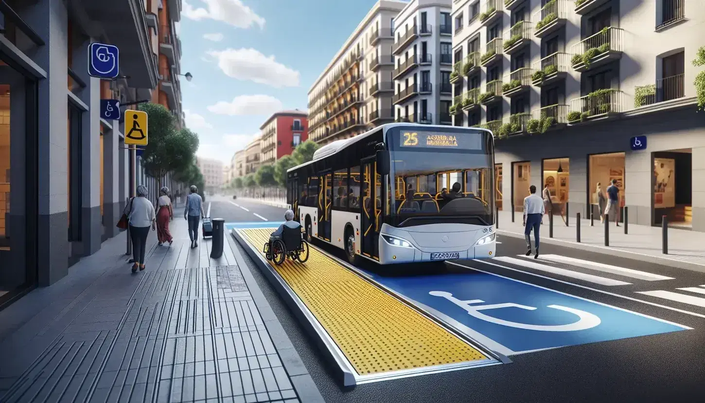 Accessible urban street in Spain with tactile paving, lowered curb, bus with ramp for wheelchair boarding, and signage for disabled access.