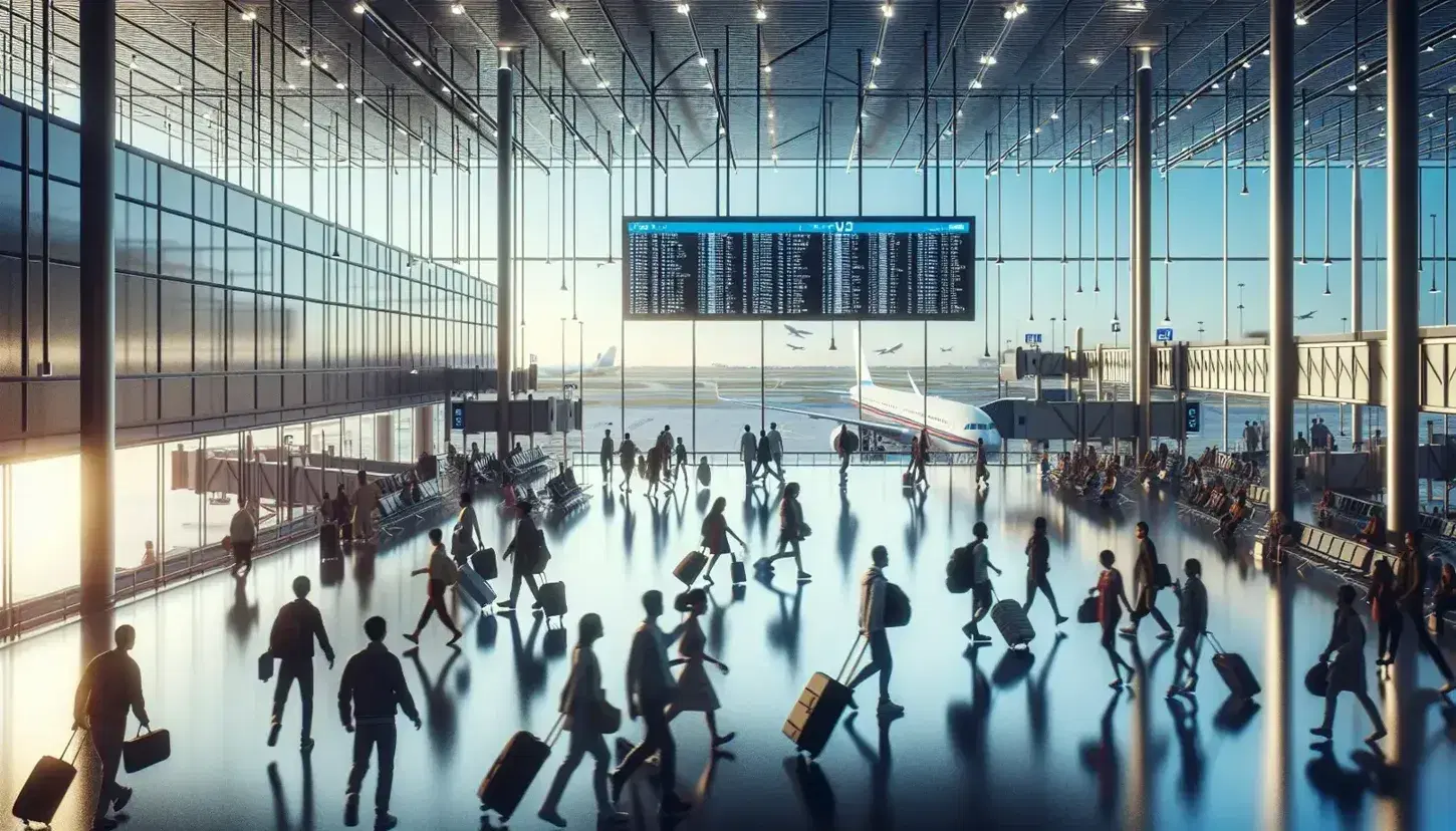 Crowded international airport terminal with different people moving, flight displays and airplanes at gate under gradient sky.