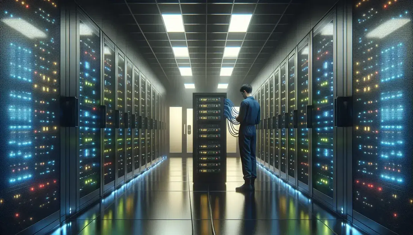 Centro dati moderno con corridoio illuminato da luci blu, armadi server con indicatori luminosi e tecnico che lavora sui cavi.
