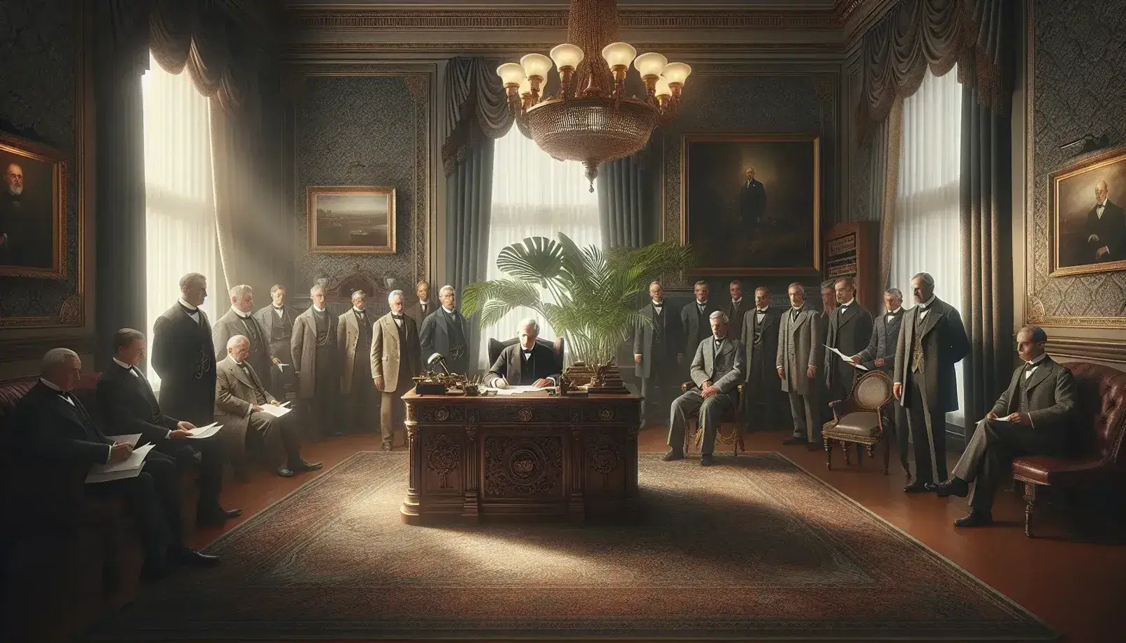 Elderly man in dark suit works at ornate desk in grand office with attentive advisors, amidst rich drapes, artwork, and warm lighting.