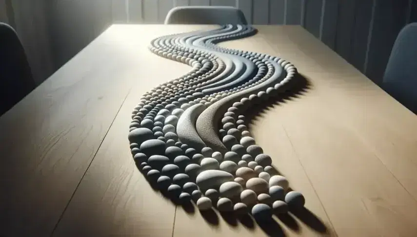 Onda artistica di ciottoli di varie dimensioni e colori su tavolo in legno chiaro, con ombre morbide e sfondo interno sfocato.