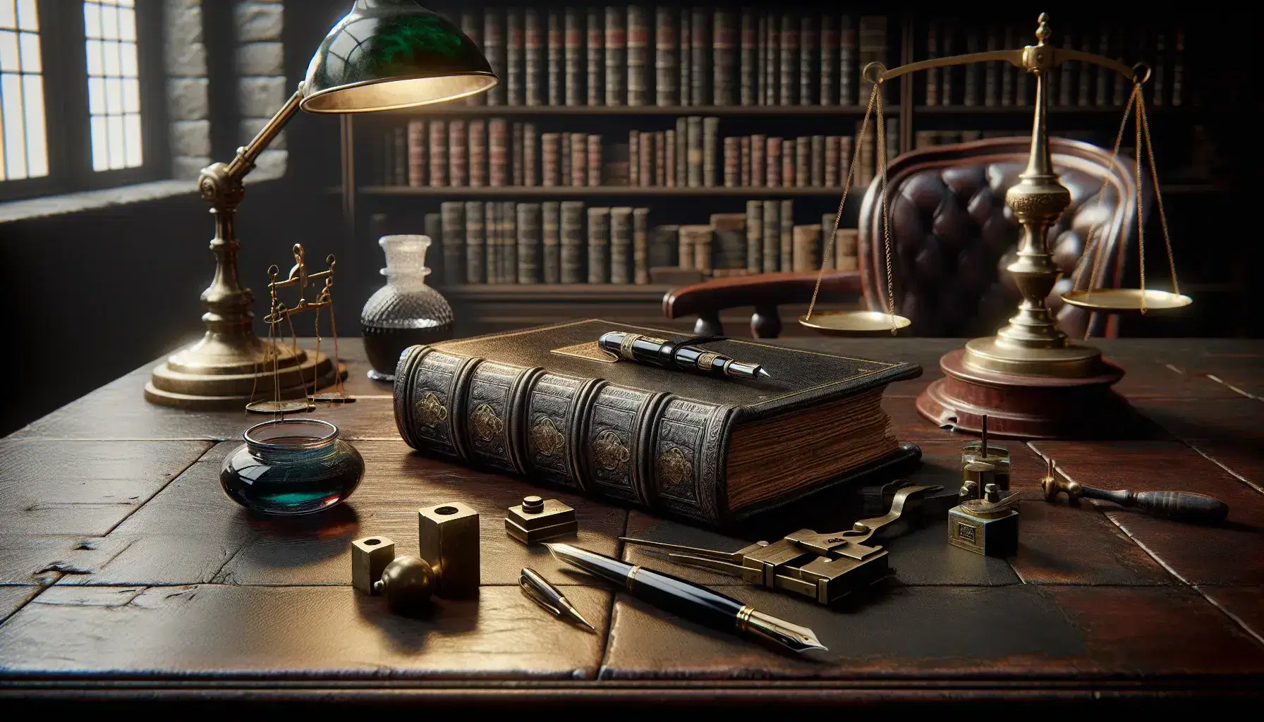 Scrivania in legno scuro con libro antico aperto, penna stilografica nera, calamaio, bilancia in ottone e lampada, su sfondo di libreria.