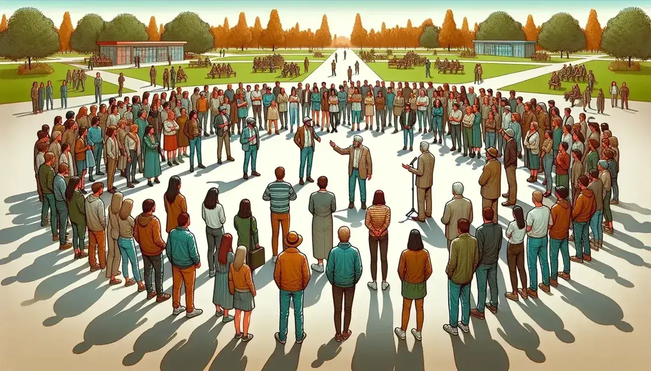 Grupo diverso de personas atentas a un orador en un parque durante el día, reflejando una reunión al aire libre con árboles y cielo despejado.