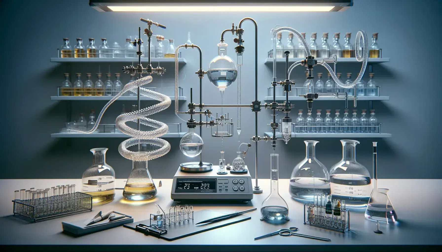 Laboratorio di chimica organica con apparecchiatura per distillazione, becher con liquidi colorati e bilancia analitica digitale.