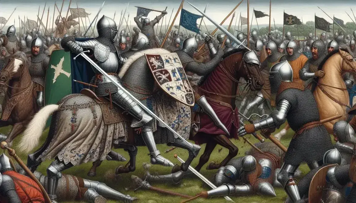 Late 15th-century medieval battle scene with knights in plate armor, one wielding a sword and the other a shield, amidst a chaotic backdrop of soldiers and armored horses.