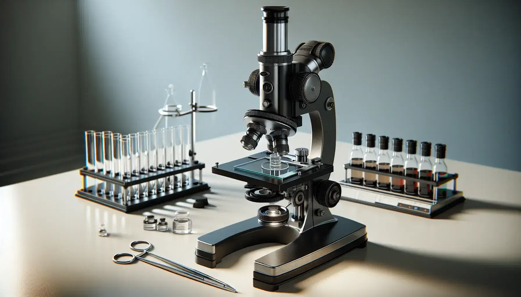 Microscopio compuesto clásico en laboratorio con base metálica, tubo inclinado, objetivos rotativos y portaobjetos con pinzas sujetando una lámina.
