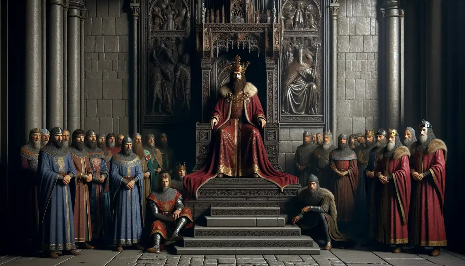 Scena medievale con sovrano in trono adornato, circondato da nobili e consiglieri, cavaliere in armatura e falconiere con falco, in sala gotica illuminata.