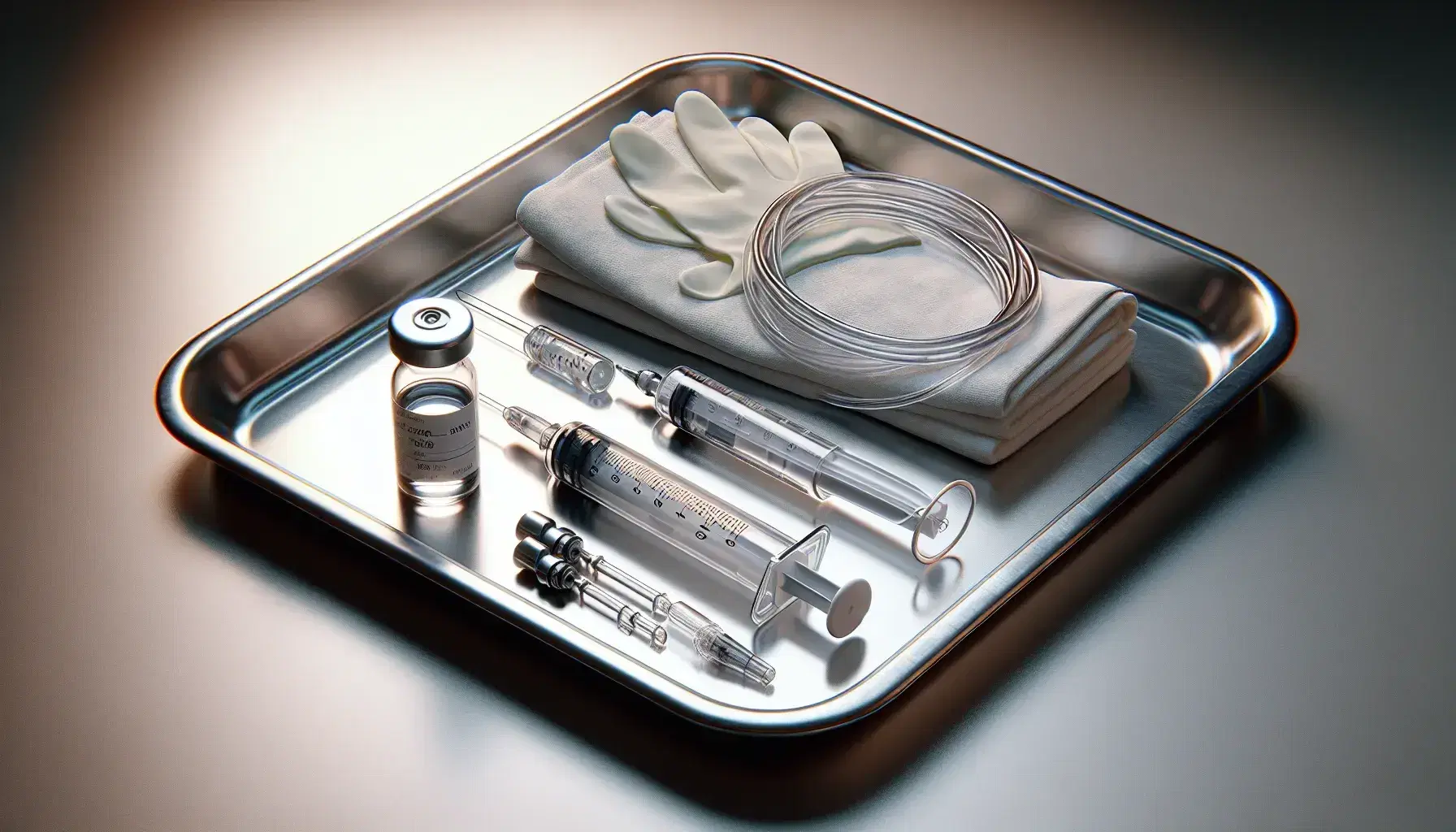 Bandeja de acero inoxidable con jeringa llena de líquido claro, vial de vidrio, catéter intravenoso y guantes de látex, equipo médico esterilizado.