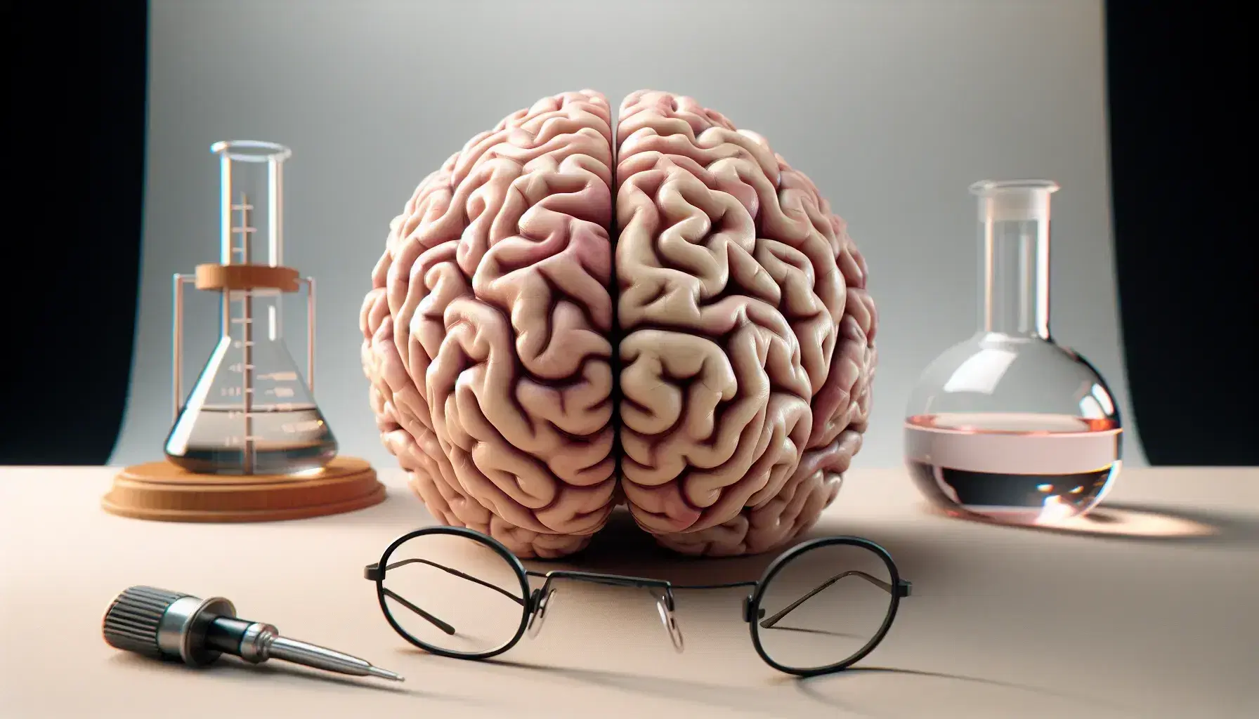 Detailed model of human brain with black glasses and wooden chessboard with pieces, on light background, symbol of cognition and strategy.