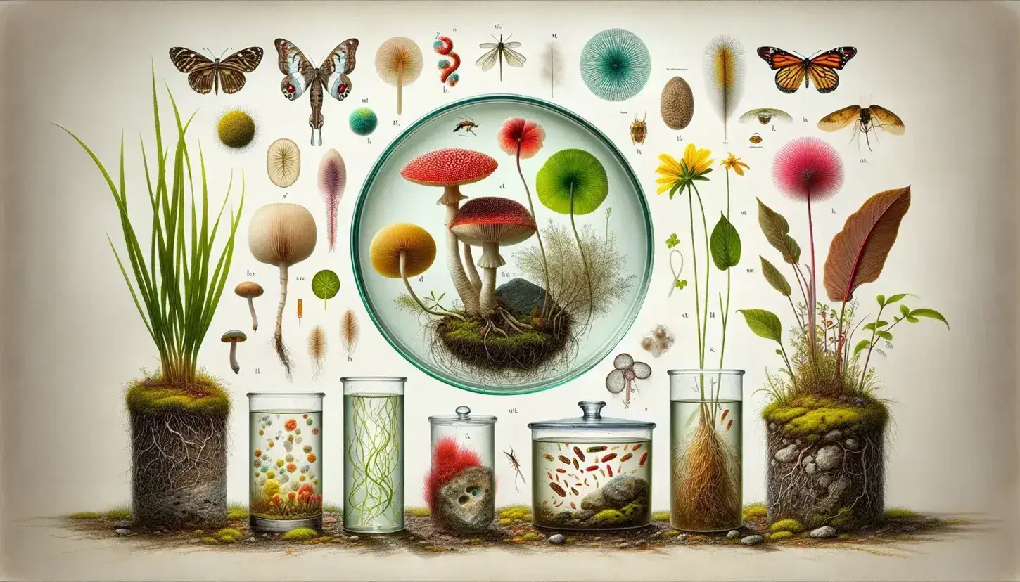 Diversity of eukaryotes: green algae in petri dishes, red-white fungus, flowering plant with roots, lichens in terrarium, unicellular organisms and iridescent insect.