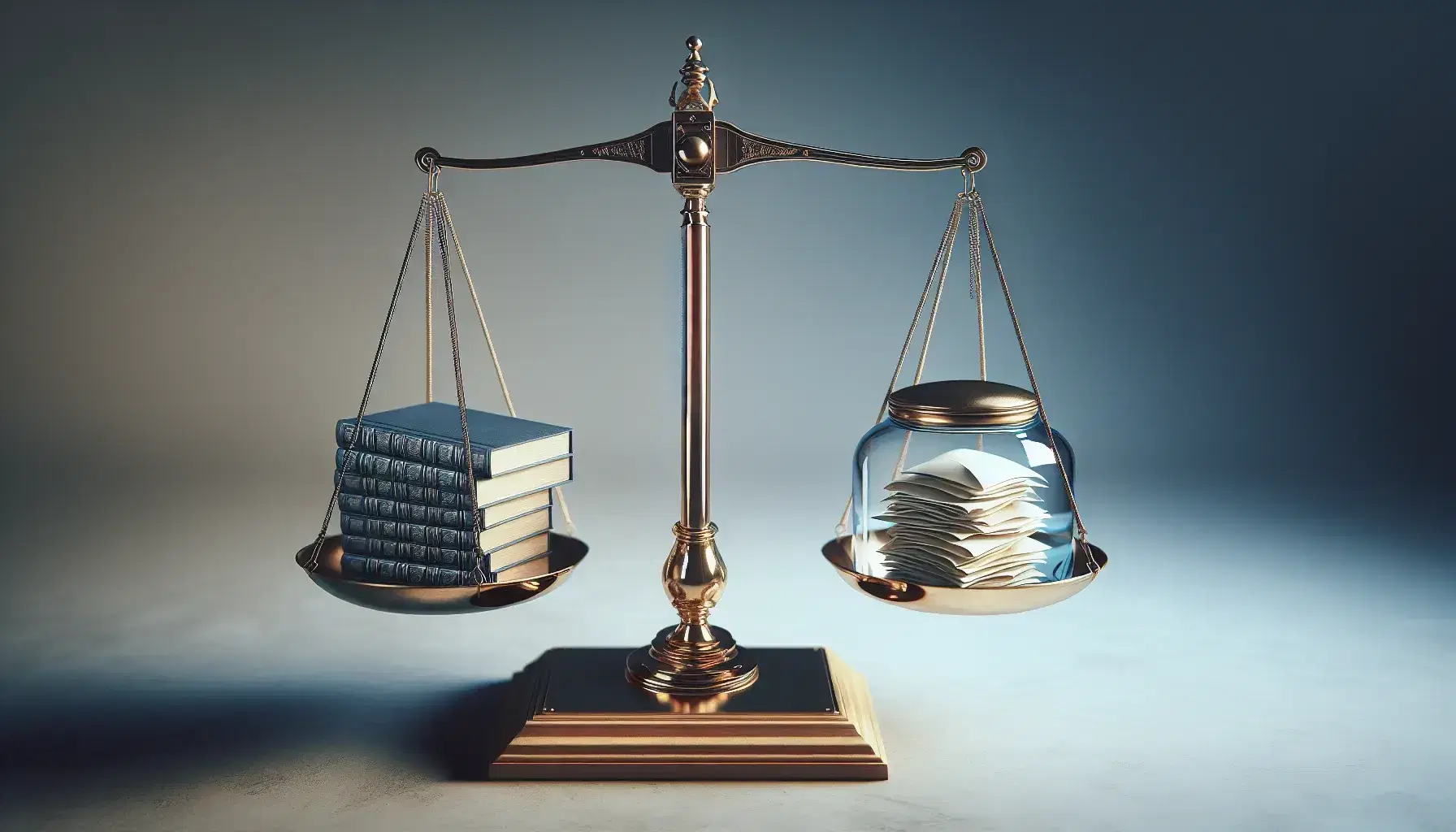 Golden balance scale with equal-sized pans holding a stack of blue hardcover books on one side and a sealed glass jar with folded papers on the other, against a gradient gray background.