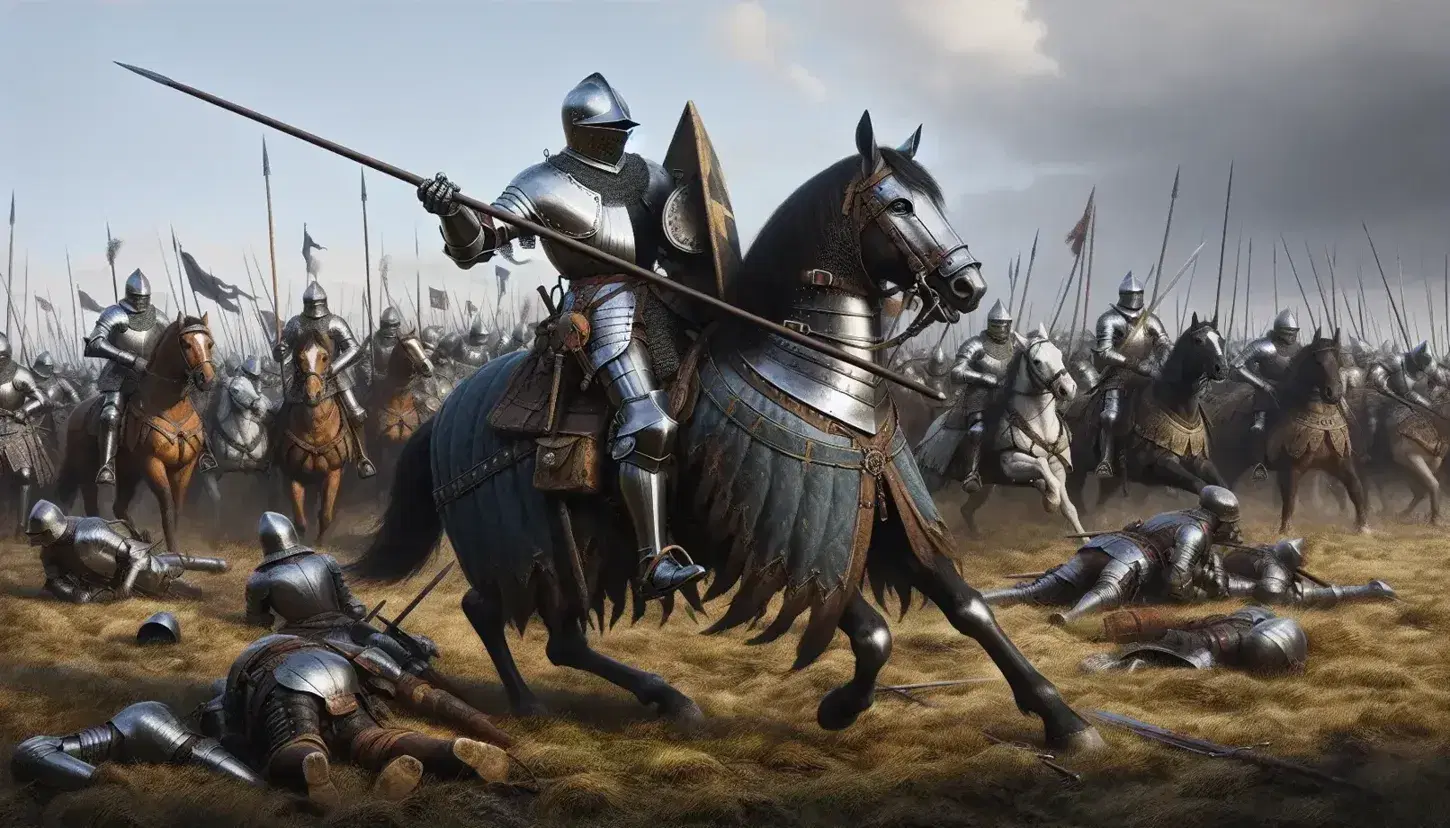 Cavaliere in armatura su cavallo bardato brandisce lancia in battaglia medievale della Guerra dei Cent'anni, circondato da soldati armati.