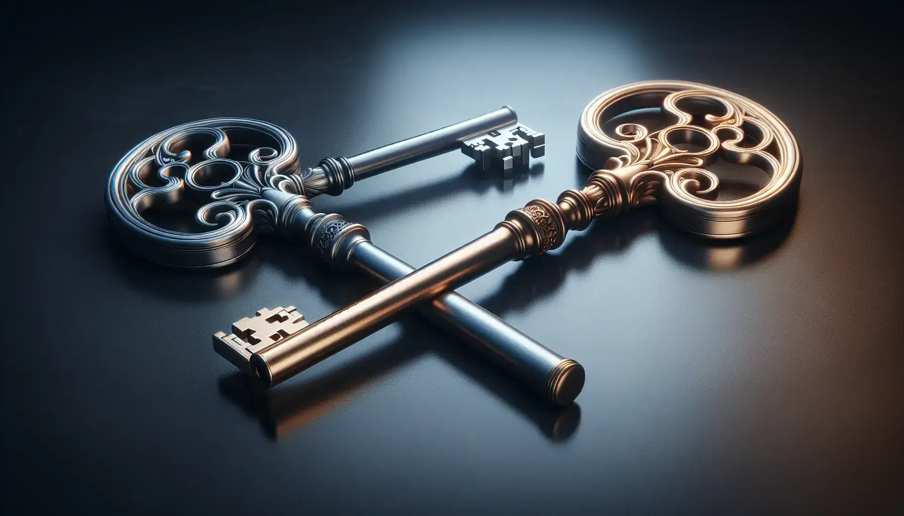 Two antique metallic keys with intricate designs, one silver and larger with a complex bit, the other gold and smaller with a simple bit, on a dark reflective surface.