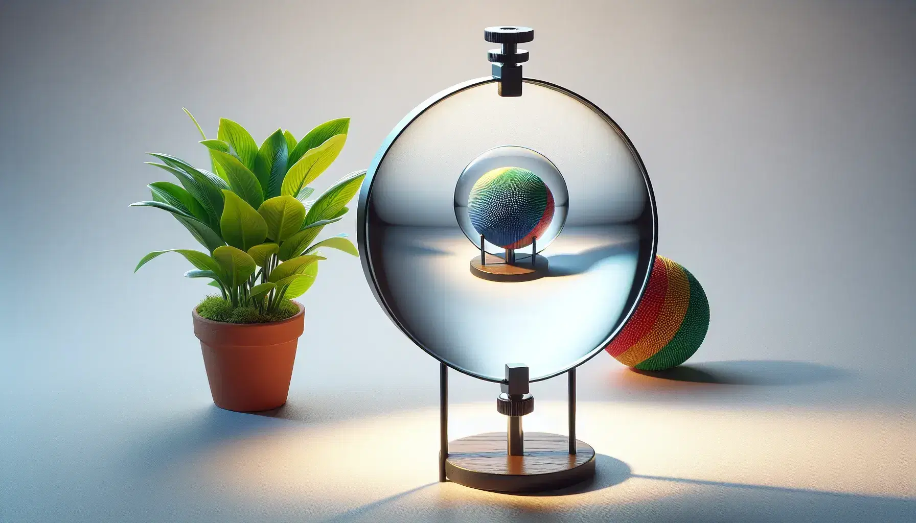 Clear glass biconvex lens on stand with inverted image of potted plant and colorful ball behind it, illustrating light refraction on a white background.