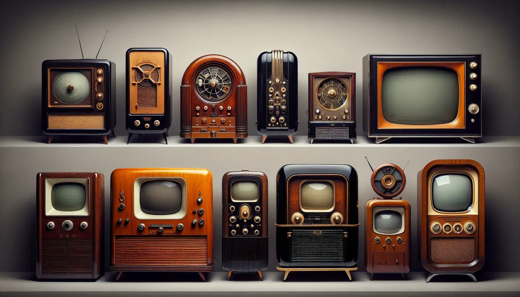 Colección de televisores antiguos a modernos en secuencia cronológica, mostrando la evolución tecnológica desde los años 1920 hasta la actualidad.