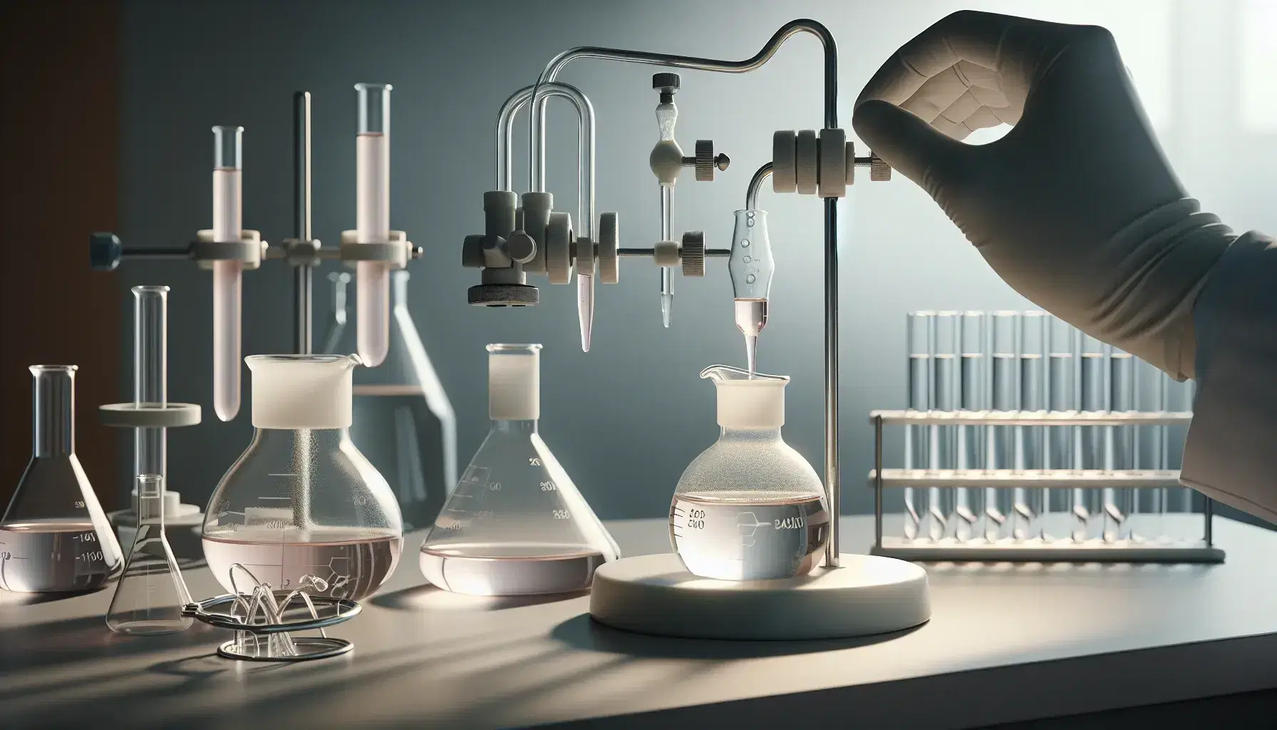 Laboratory with glass burette containing pink solution and porcelain flask underneath, gloved hands adjust flow for titration.
