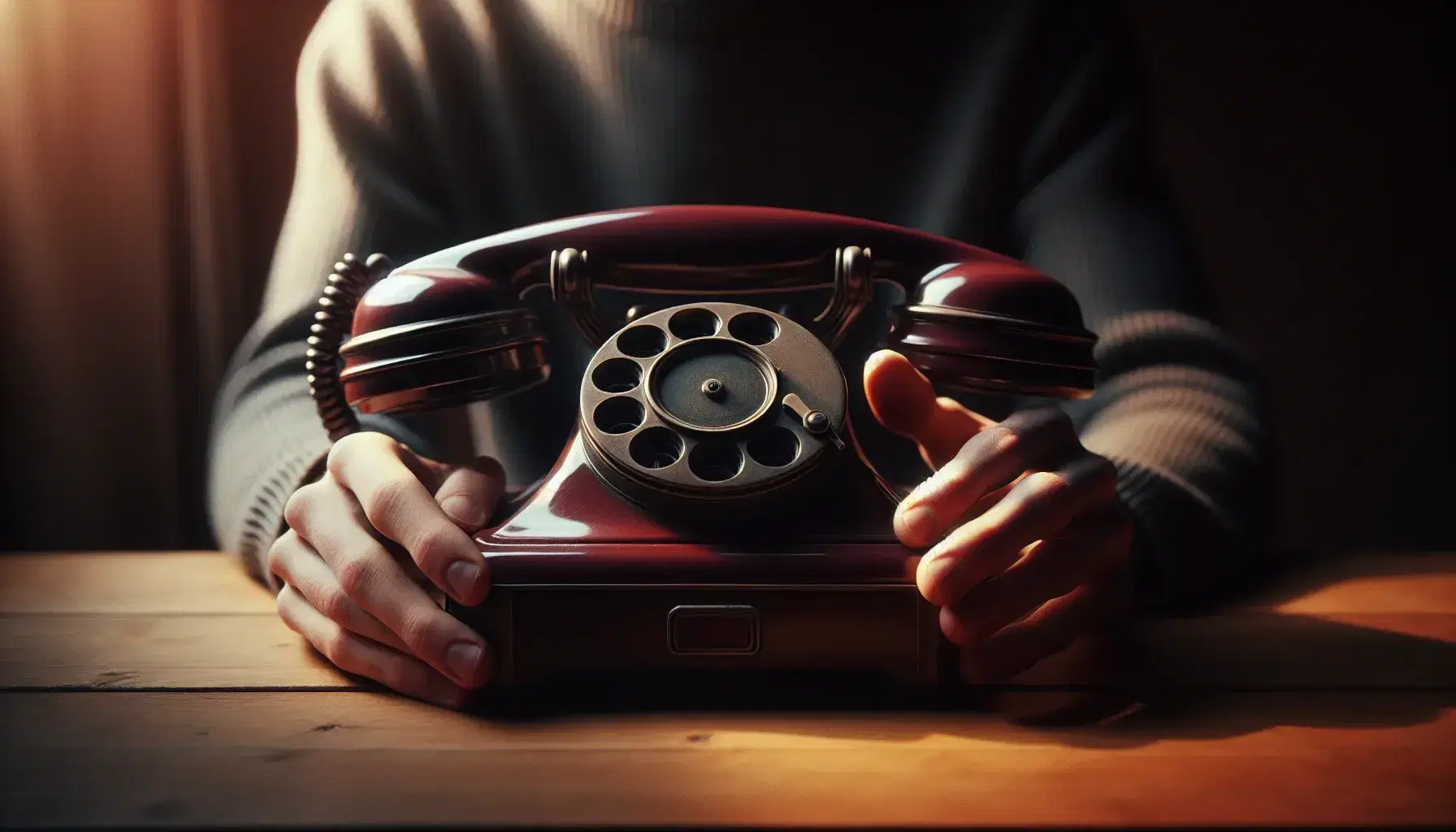 Close-up view of hands cradling a vintage burgundy French telephone with a black dial on a wooden table, in a softly lit indoor setting.