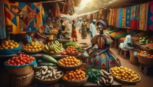Mercato all'aperto africano con donna in abito tradizionale che vende frutta e verdura, bambini che giocano e tessuti colorati in esposizione.
