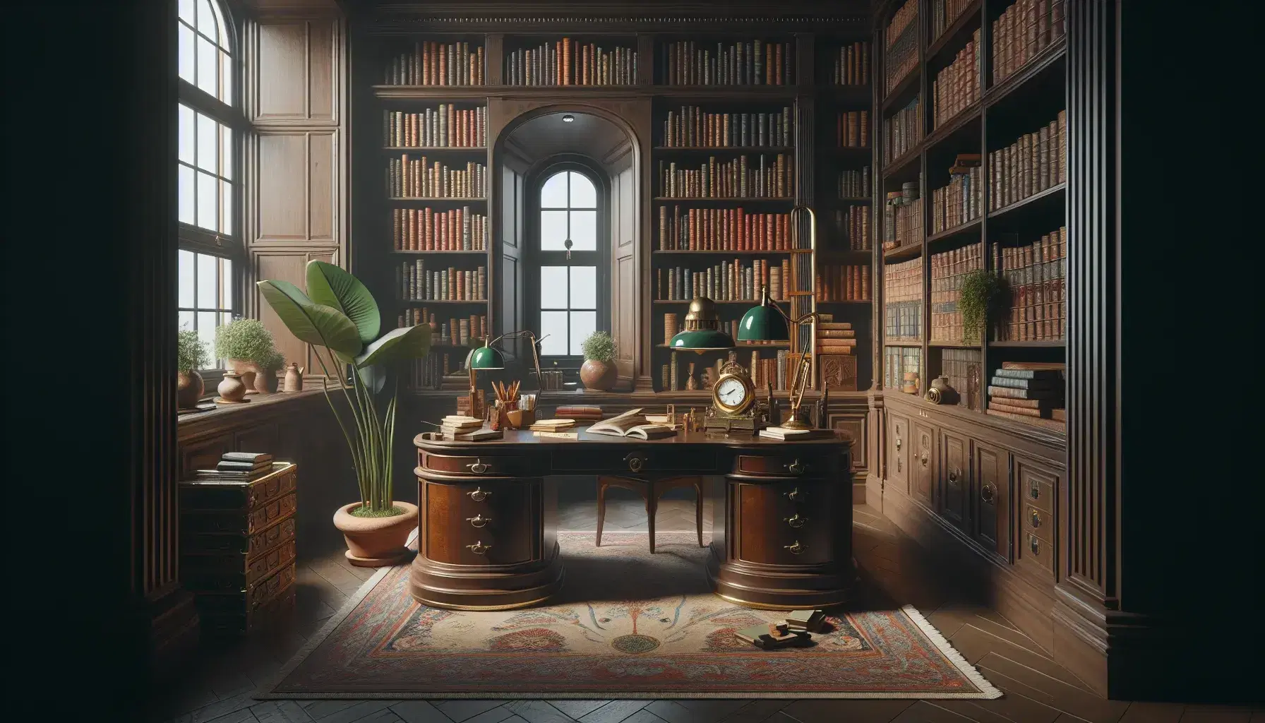 Biblioteca classica con scrivania in legno, orologio dorato, pianta verde, lampada e libreria piena di libri rilegati, sotto luce naturale.